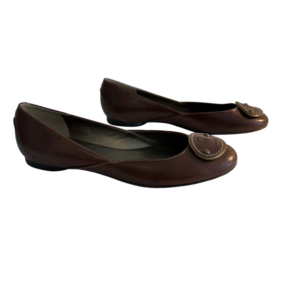 Talbots Leather Ballet Flats Shoes Size 7.5 Cognac Brown Crest Classic Preppy‎